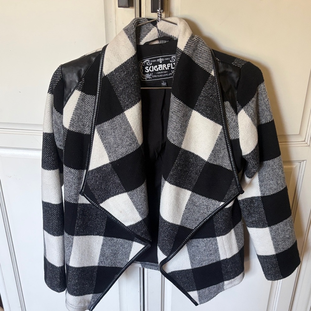 Sugarfly Black and White Buffalo Plaid Open Front Jacket